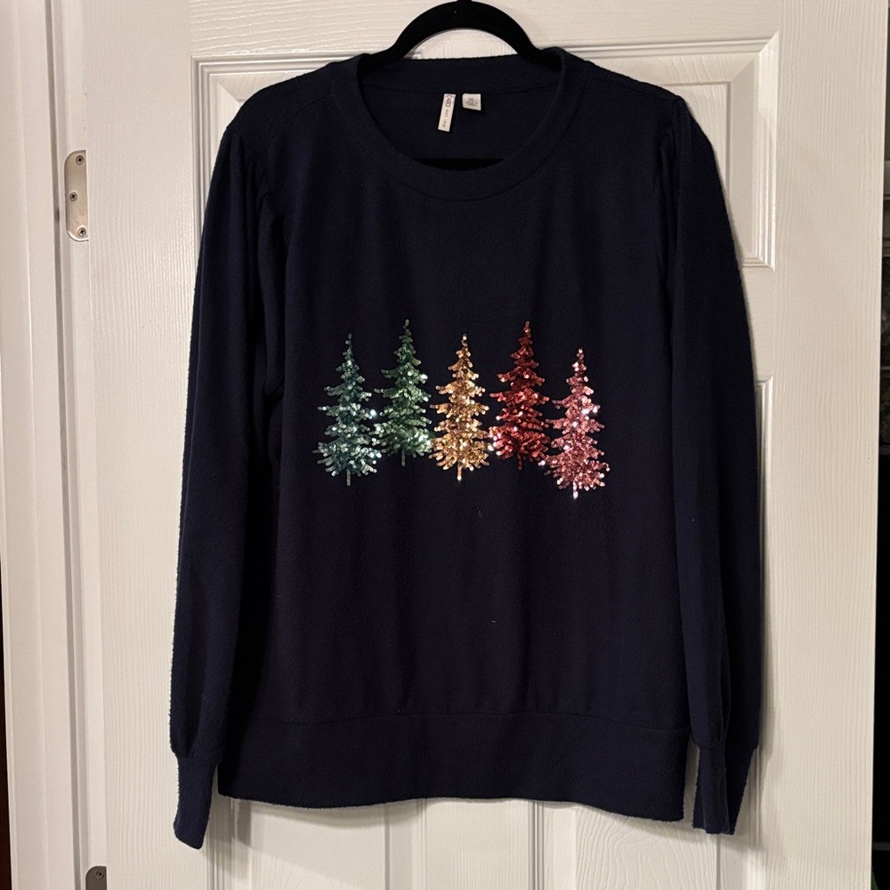Cato Navy Top with Beige Sequins Trees